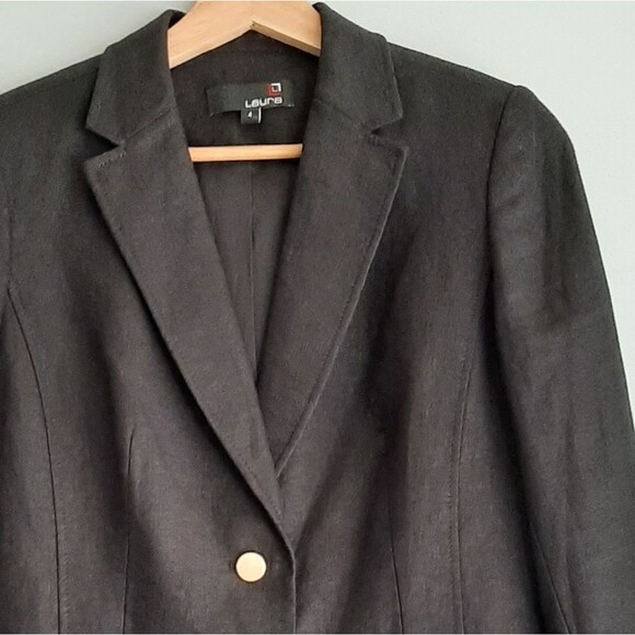 LAURA / 100% Linen Fabric Classic Blazer Jacket Button Front Neutral Black Sz 4 - Picture 4 of 15